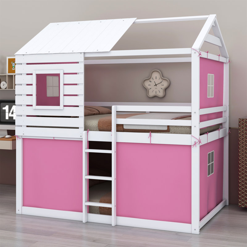 Yaraghi Bunk Wood House Bed with Tent, Twin Over Twin, Pink/White