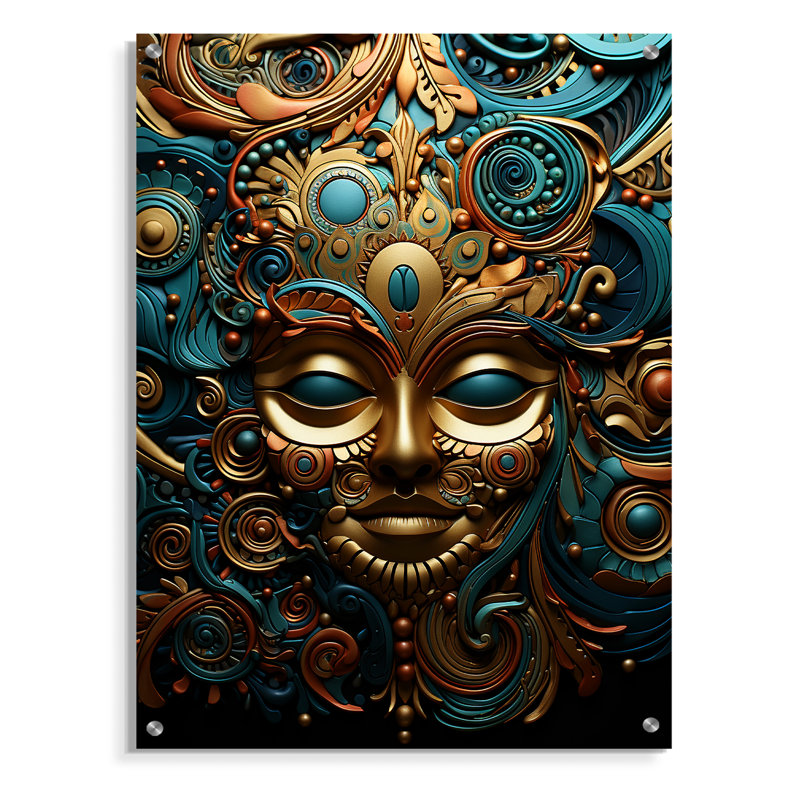 Art mural acrylique bleu sarcelle doré, Mexique, H 20 po x l 12 po