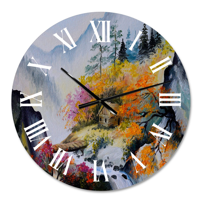Petite maison dans un paysage montagneux VIbrant - Horloge murale traditionnelle, Petit
