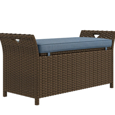 Table de chevet 27 gallons avec rangement, coussin bleu foncé et poignées, boîte de jardin rectangulaire à grande capacité pour siège de rangement extérieur, capacité, poignées de transport
