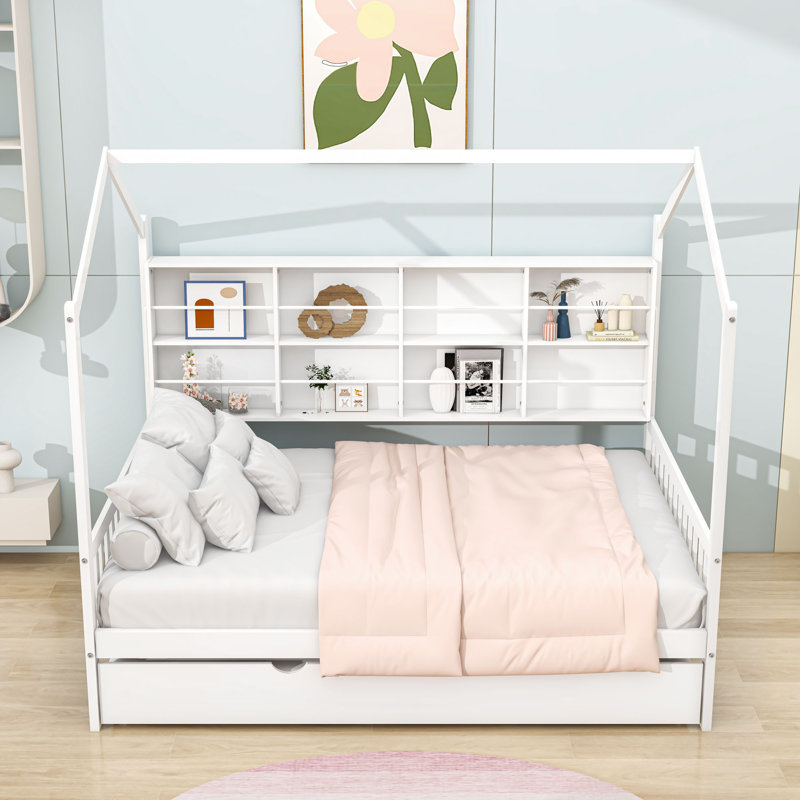 Berni Wooden Platform Bed with Trundle and Shelf, Full, White