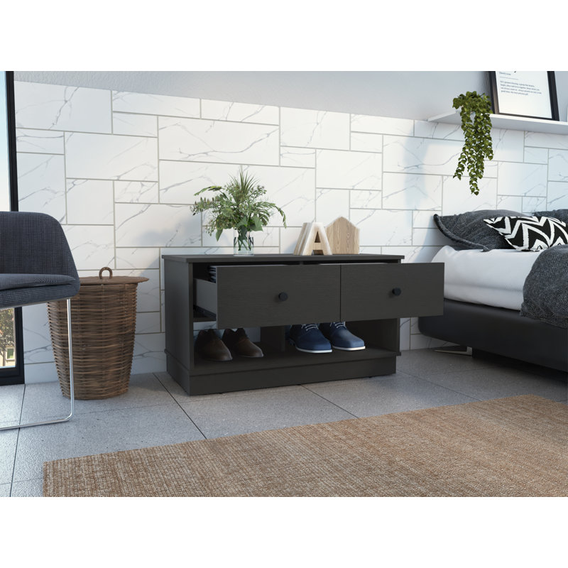 Hamilton Nightstand and Shoe Rack with Two Drawers and Two Open Shoe Storage, Black Wenge, Black Wenge