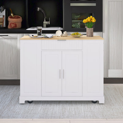 48.5" Rubber Wood Countertop Kitchen Cart With Trash Can Storage Cabinet & Power Outlet by Red Barrel Studio