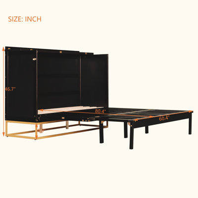 Lit escamotable Queen élégant avec portes en bois, faux tiroirs et pattes en métal pour un gain de place et un style de vie moderne