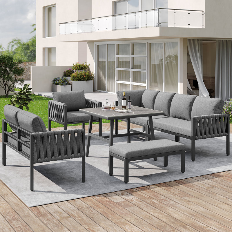 Outdoor Sectional Patio Set With Cushions, Grey Cushion/Dark Grey Frame