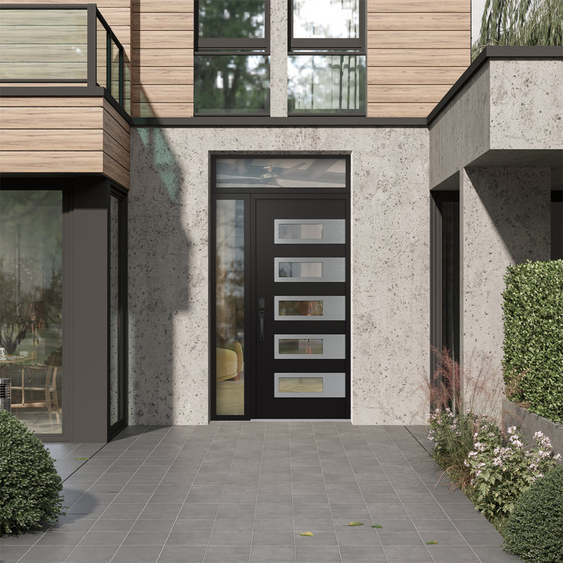 D3 48 po à droite X 96 po Panneau d'entrée en acier argenté noir et verre transparent noir avec porte d'entrée avant en verre transparent Sidelite et Transom