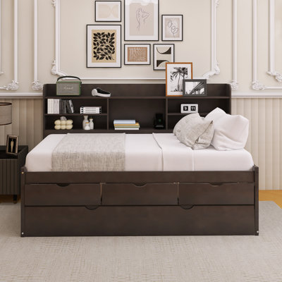 Wood Frame Twin Size Captain Bed With Built-In Bookshelves,Three Storage Drawers And Trundle by Latitude Run