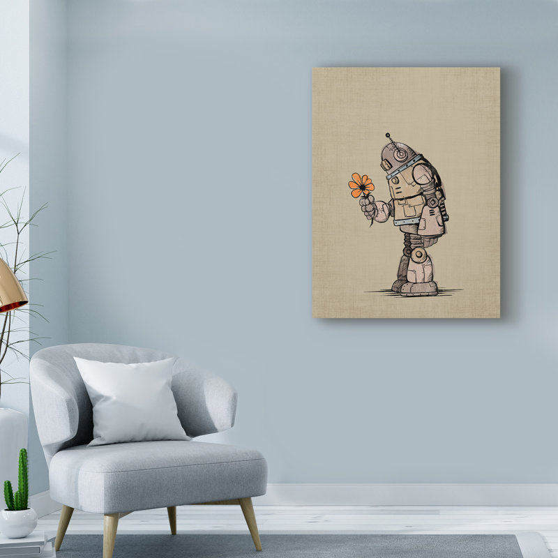« robot fleur », art sur toile, H 19 po x l 14 po x P 2 po