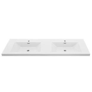 60 Inch Solid Surface Resin Vanity Top With Integrated Sink – Rectangular Double Bathroom Countertop,  Glossy White,