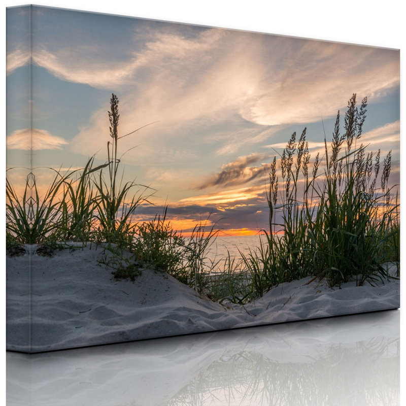 Grass On The Beach At Sunset by No - Wrapped Canvas Print, With lighting, 70cm H x 100cm W x 4.5cm D