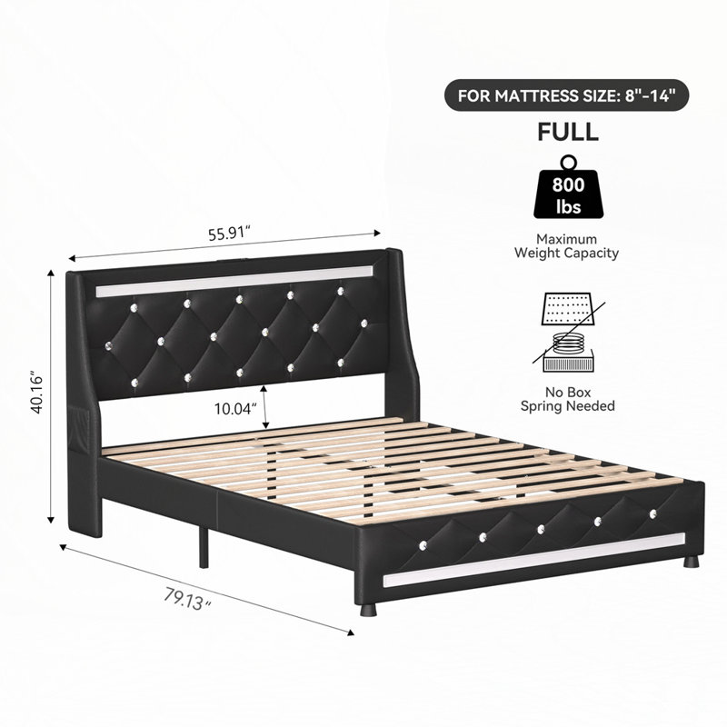 Structure de lit plateforme tapissier, Noir, Full