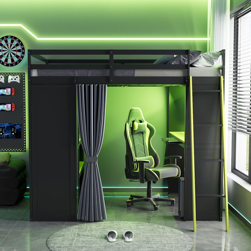 Full Size Loft Bed, Multi-Functional Workstation, E-Sports Desk, Shelves & Wardrobe, Sleek & Chic Modern, Teen Bedroom