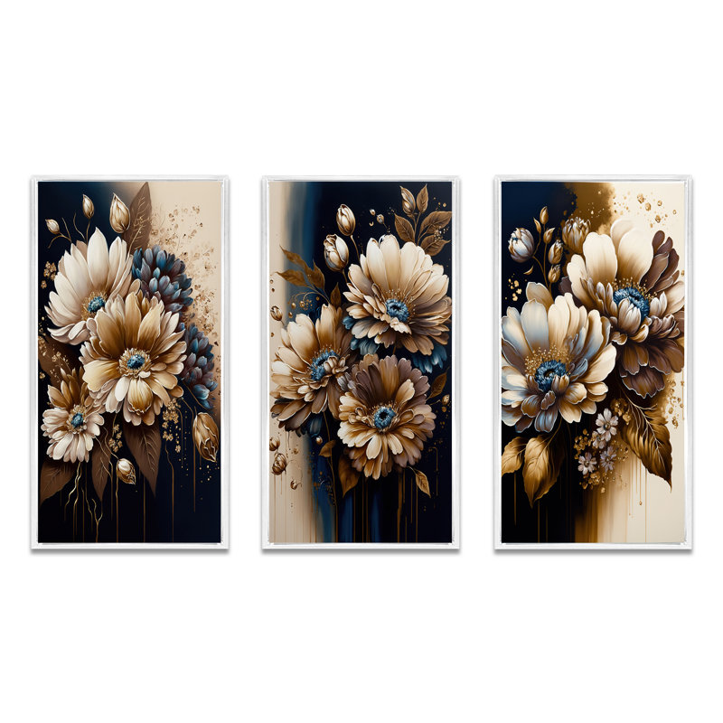 «Brown Daisy Bunch», 3 pièces sur toile, H 40 po x l 60 po, Blanc