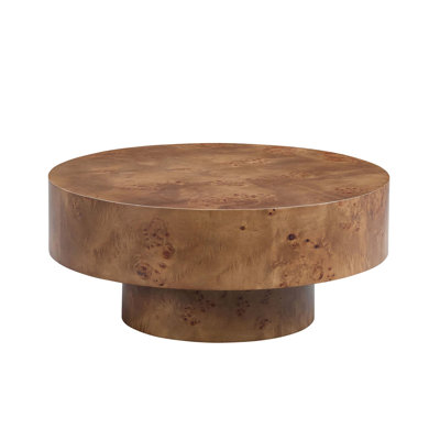 Round Burl Wood Veneer Coffee Table with Sturdy Pedestal for Compact Spaces and Modern Interiors