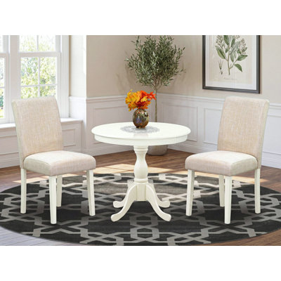 3 Piece Dining Room Furniture Set Contains a Round Dining Table with Pedestal and 2 Light Beige Linen Fabric Upholstered Chairs, Linen White