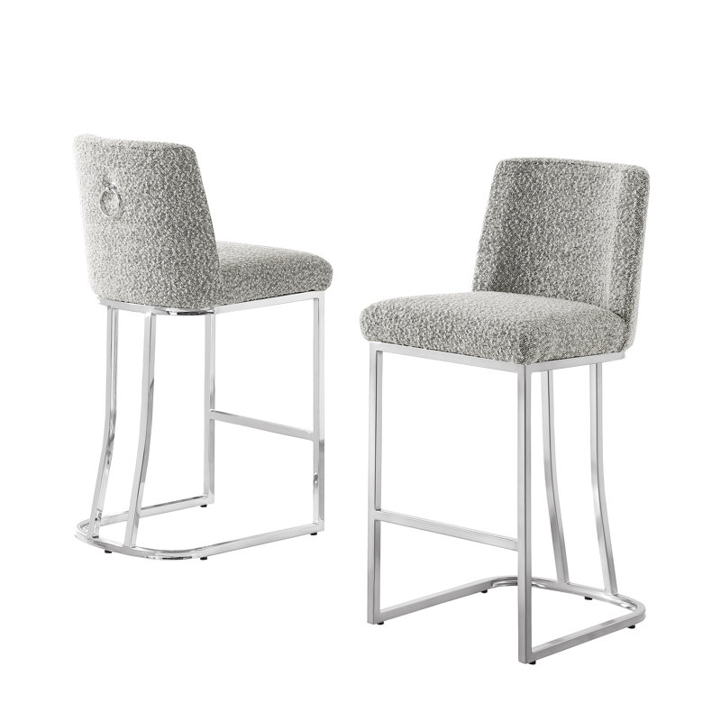 Tabourets de bar et de comptoir en tissu bouclé Teddy avec base, Siège gris foncé / Cadre argenté