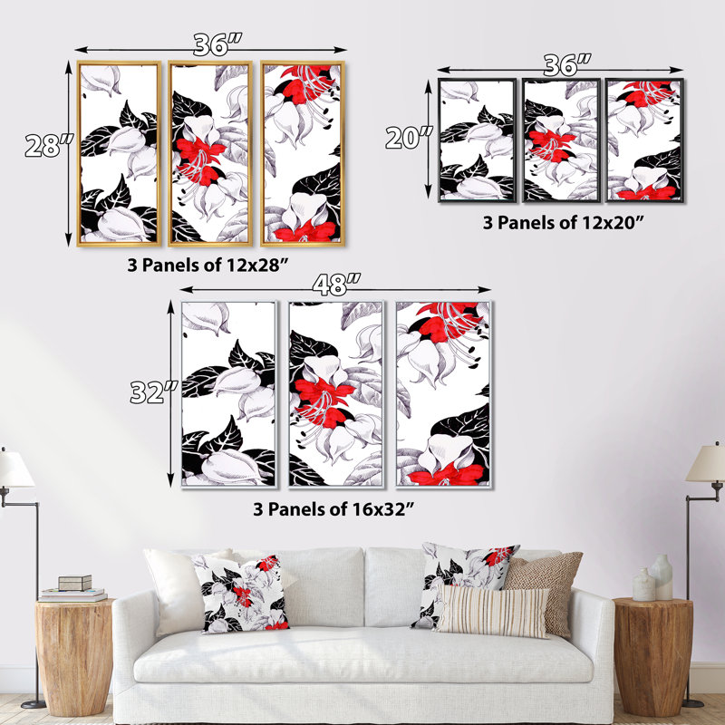 Fleurs rouges et blanches avec feuilles noires I - reproduction de cadre flottant 3 pièces sur toile, Cadre doré