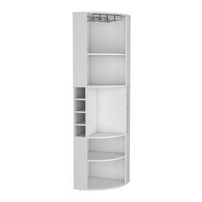 71" Corner Bar Cabinet With Five Shelves, Eight Bottle Cubbies And Stemware,White