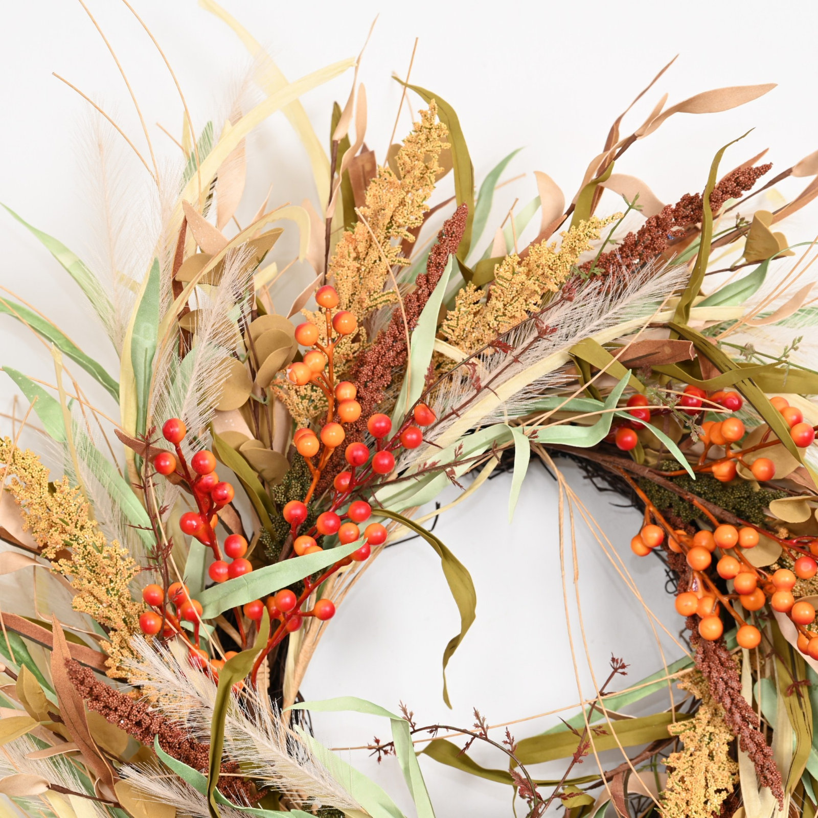 24" Artificial Boho Autumn Harvest Mixed Dried Grass Berry Pampas Grass Fall Front Door Wreath Thanksgiving Decor