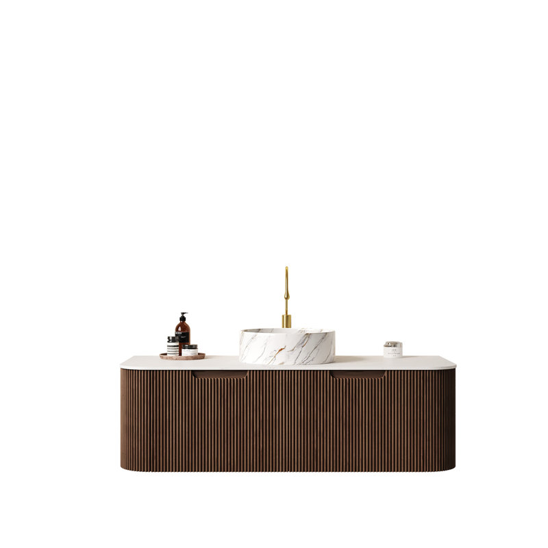 Meuble-lavabo de salle de bain 48 po avec lavabo, lavabo mural à bords arrondis et rayé avec 2 tiroirs, lavabo rond en céramique blanc avec motif de pierre, pré-assemblé, grain de bois