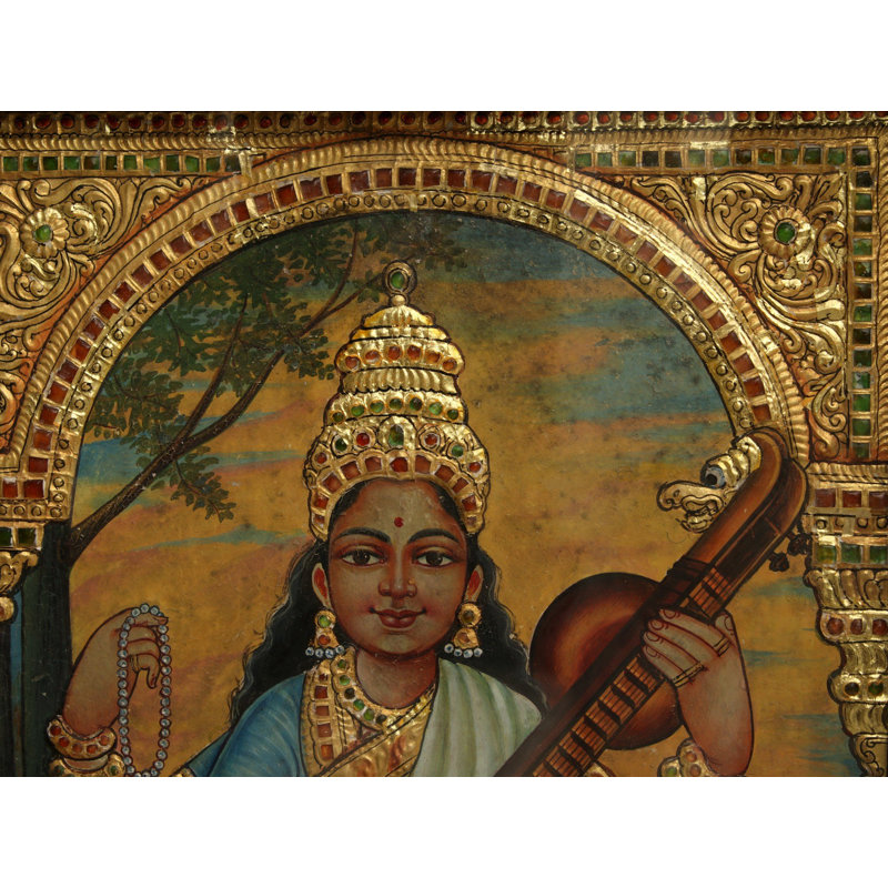 26 "Maa Saraswati debout sur un lotus blanc | Peinture avec cadre Tanjore | Art par Rajaraman