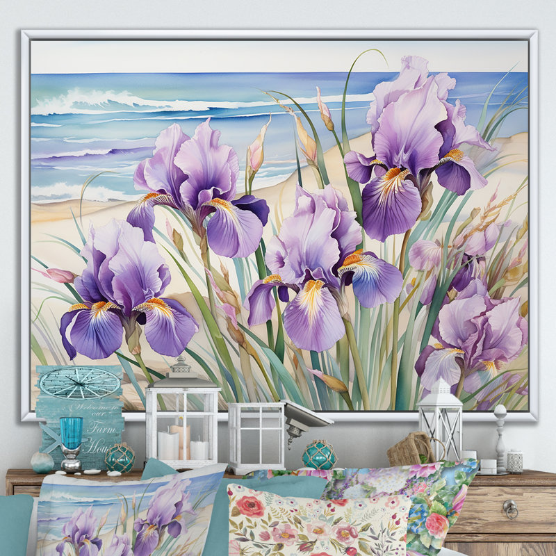 Iris mauves sur la plage sur toile, Cadre flottant blanc, H 24 po x l 32 po x P 1 po