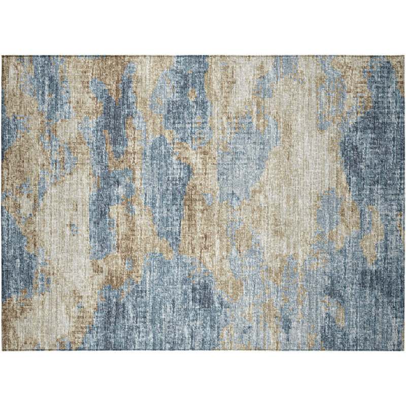 Tapis bleu / brun / gris en polyester à motif abstrait tissé à la machine intérieur / extérieur 1 pi 8 po x 2 pi 6 po Yadir