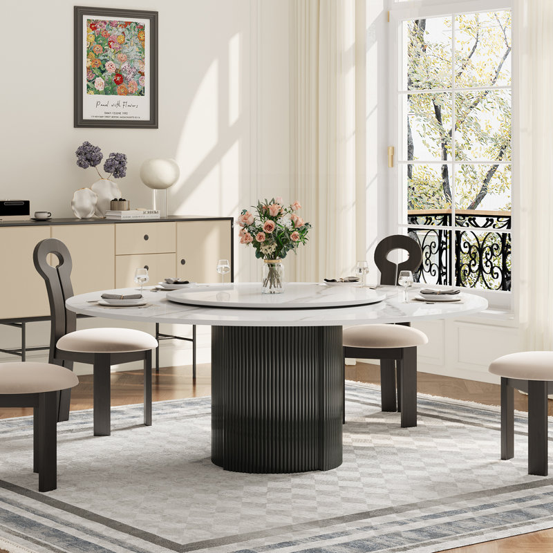 Round 59.06'' Modern Round Dining Table with Lazy Susan, White Glossy Sintered Stone Tabletop for 6-8