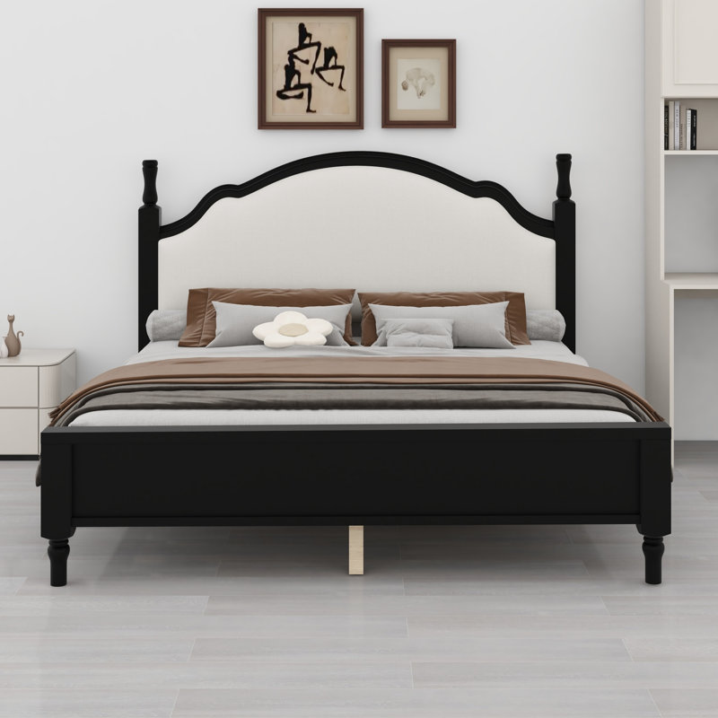 Lit plateforme en bois avec tête de lit tapissier, Beige+Black