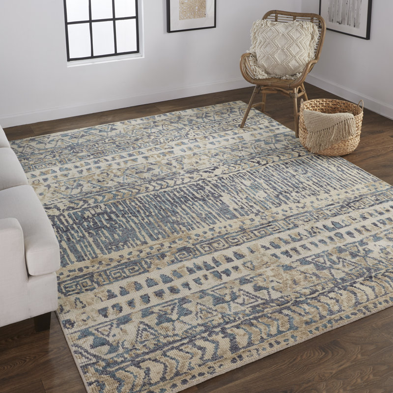Alejandrina Southwestern Hand Knotted Cotton/Wool Denim Blue/Beige Area Rug, Rectangle 7'9" x 9'9"