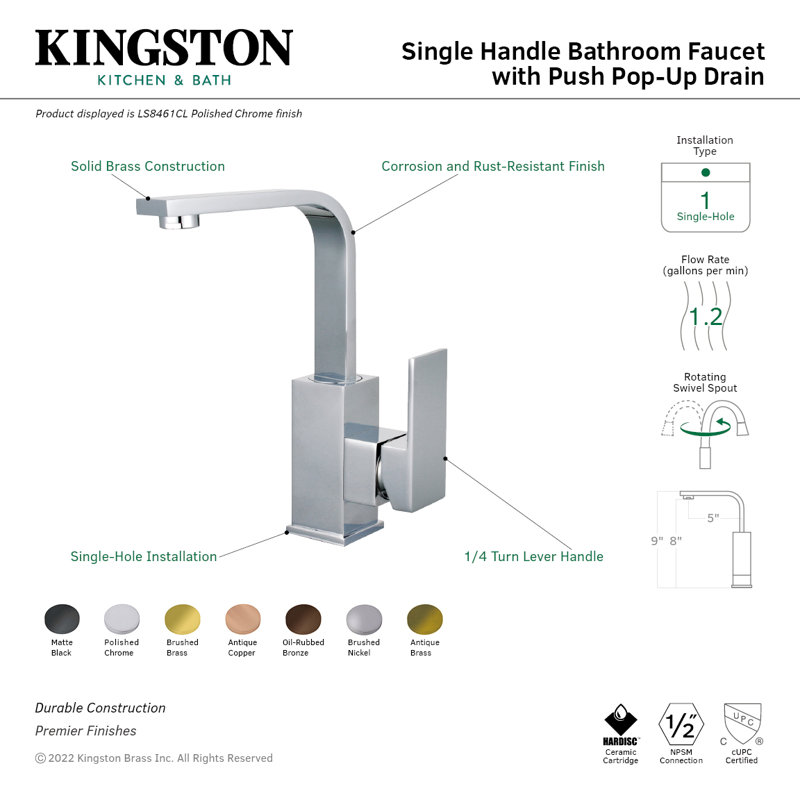 Kingston Brass Claremont Single-Handle 1-Hole Deck Mount Bathroom Faucet with Push Pop-Up, Brushed Nickel