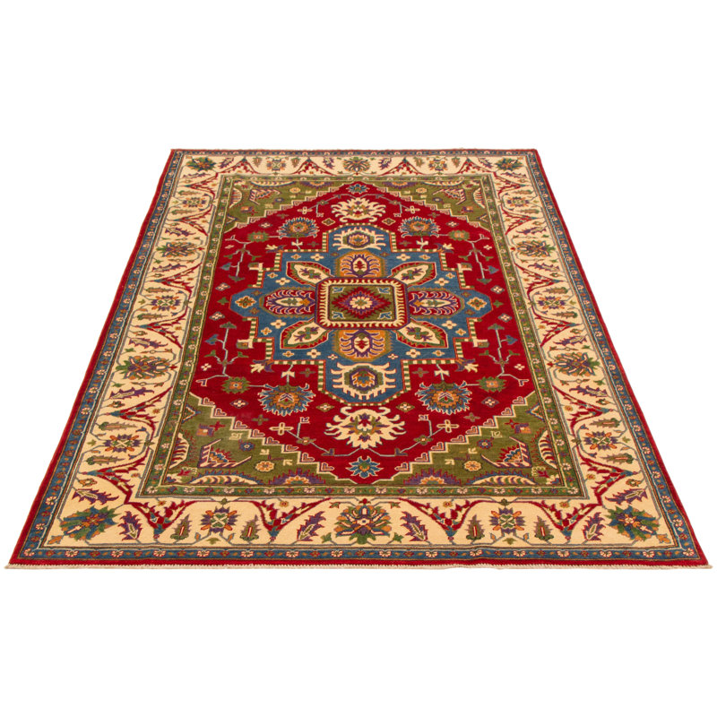 Tapis unique en laine noué à la main 6 pi 7 po x 9 pi 11 po nouvel âge Ollen en rouge foncé / jaune / bleu