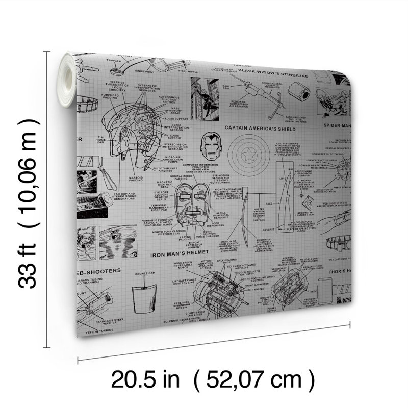 Rouleau de papier peint L 33 pi x l 20,5 po Marvels Heroes Schematics, Gris / noir