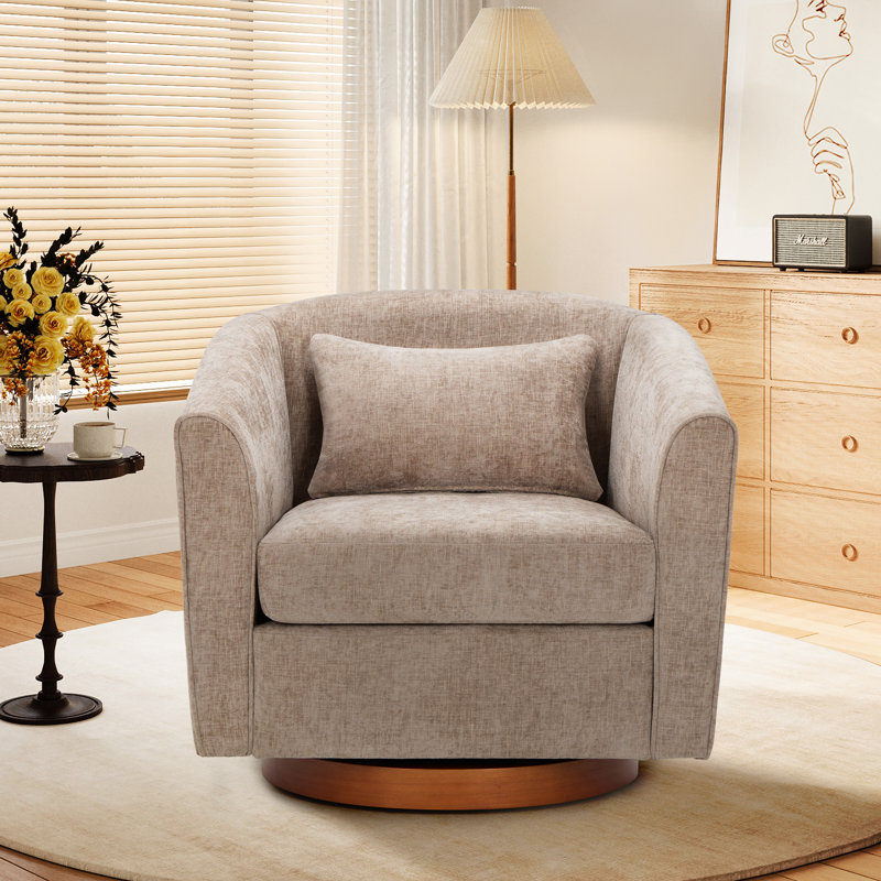 Fauteuil demi-tonneau pivotant avec base en bois massif et coussin décoratif, Mélange de polyester brun clair