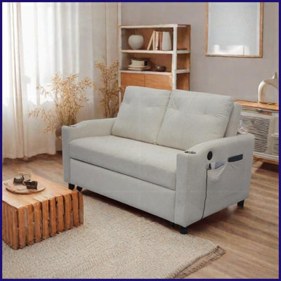 Modern Beige Velvet Foldable Sofa Bed – 3 Lengths, Adjustable Back, USB Port &amp; Storage Bag for Living Room/Bedroom