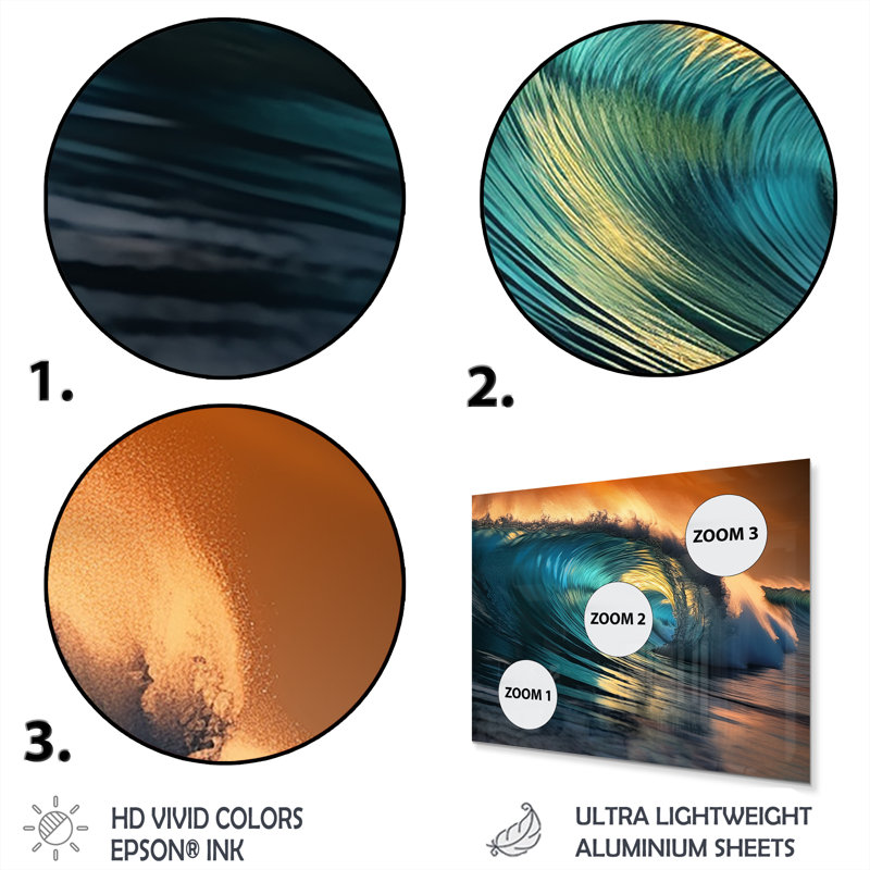 Coucher de soleil bleu à la plage avec vagues II - art mural moderne en métal plage, H 16 po x l 32 po x P 1 po