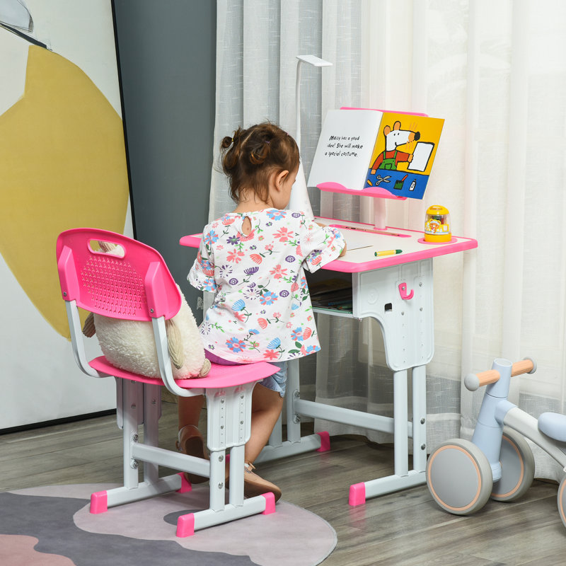 HOMCOM Kids Desk and Chair Set with Drawer, Book Stand, Pen Slot, Pink
