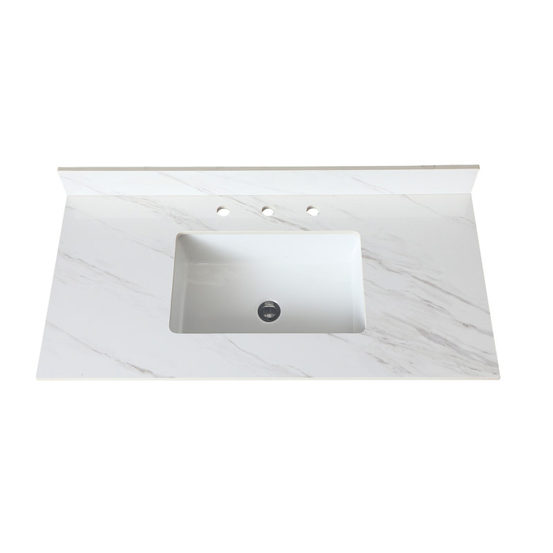 Plateau de meuble-lavabo blanc 43 po avec dosseret de 4 po et surface en pierre frittée teintée 43 po, dosseret encastré uni