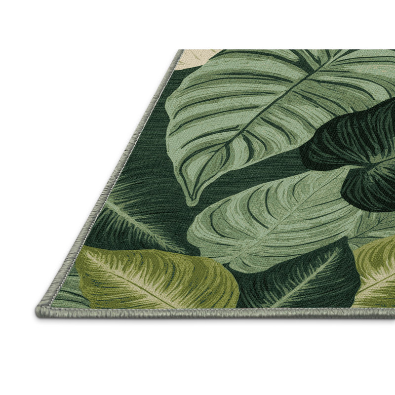 Machine Washable Botanical Green Area Rug, Round 8'