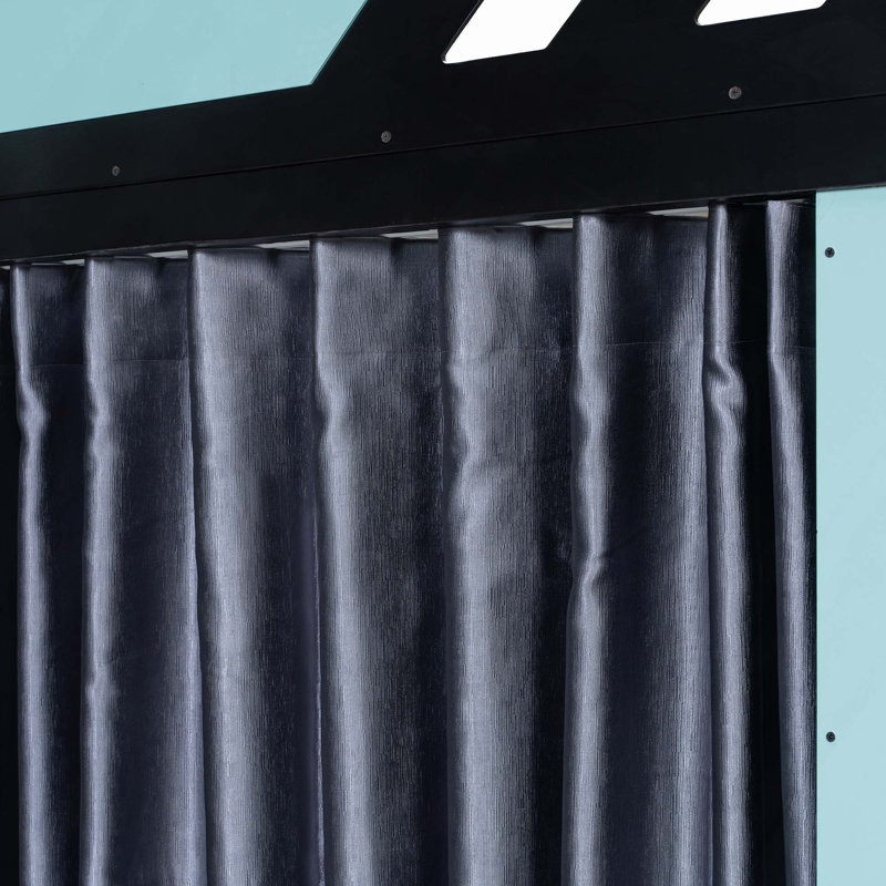 Lit mezzanine double en bois avec tablettes, rideaux occultants et lumières RVB, Noir / Bleu