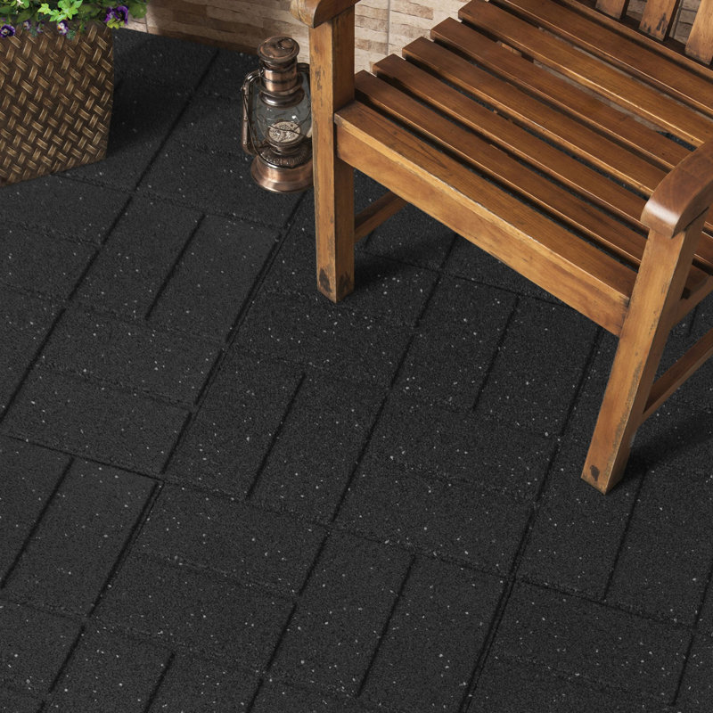 Tierra Verde 16" x 16" Brick Rubber Paver, Outdoor Floor Tiles, Black, 4 Pack