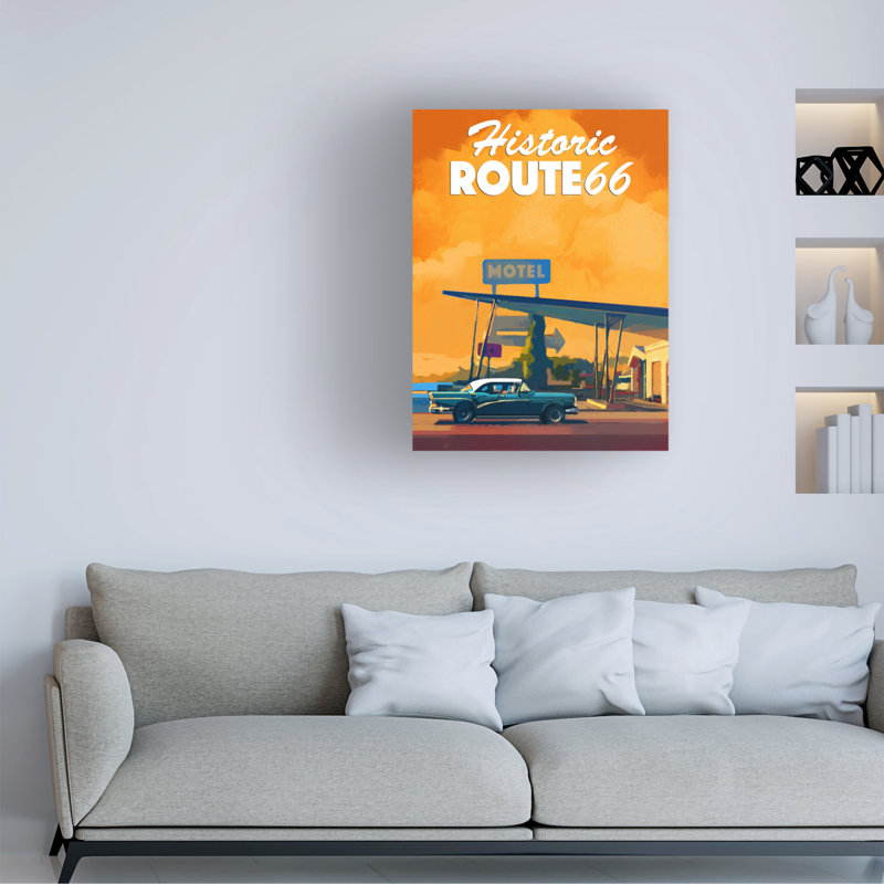 Art mural sur toile tendue - David Owens Illustration «Route 66», art mural pour salon, chambre à coucher ou bureau - 14 x 19