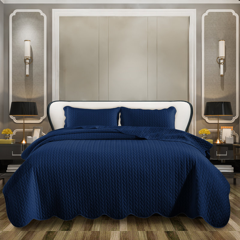 Ensemble de couvre-lit en microfibre embossée 3 pièces avec taies d'oreiller assorties, Marine