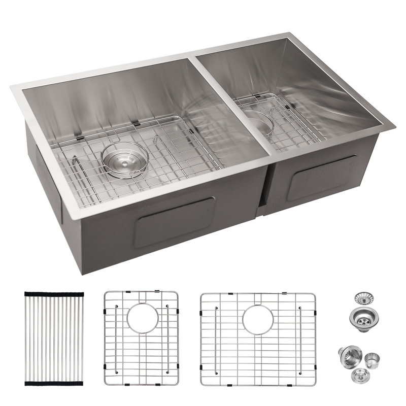 Évier de cuisine à double cuve encastrable en acier inoxydable 32 x 18 x 9 po de calibre 16 (60/40) avec évier profond de 9 pouces