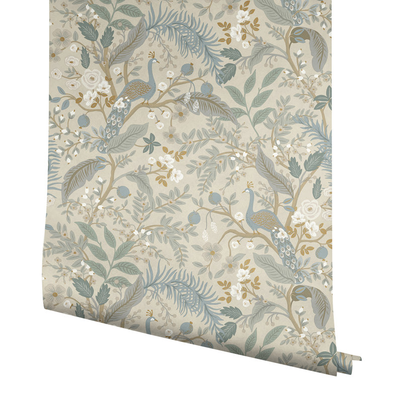Peacock Garden Navy Peel and Stick Wallpaper, Beige