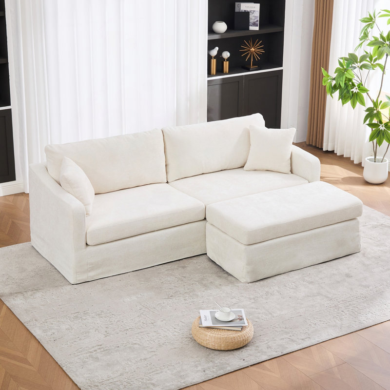 Ensemble de canapé et repose-pieds 86,6 po en chenille extra-large 2 places avec pieds en métal, Beige