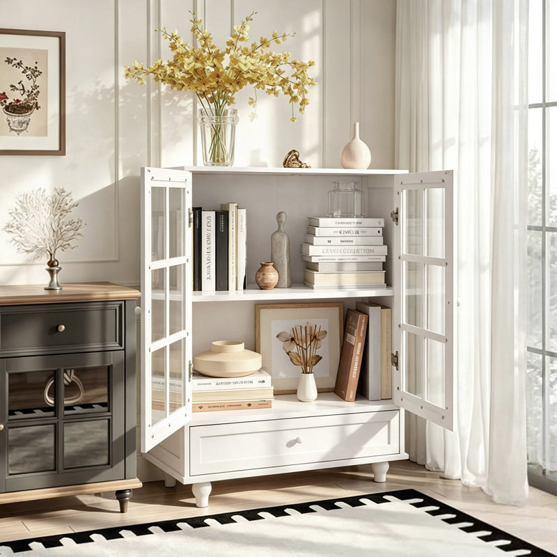 Minimalist Buffet Cabinet With Double Glass Doors And 1 Drawer, Modern Wooden Storage Sideboard Cupboard For Living Room, Dining Room, Hallway