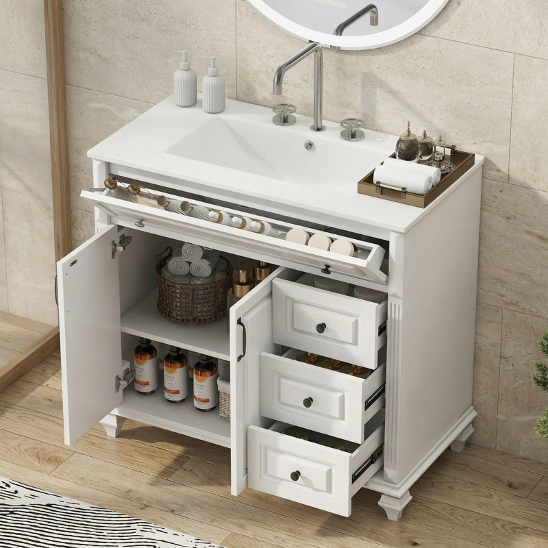 Meuble-lavabo 36 po avec lavabo, armoire autoportante et rangement compact, Blanc / noir 