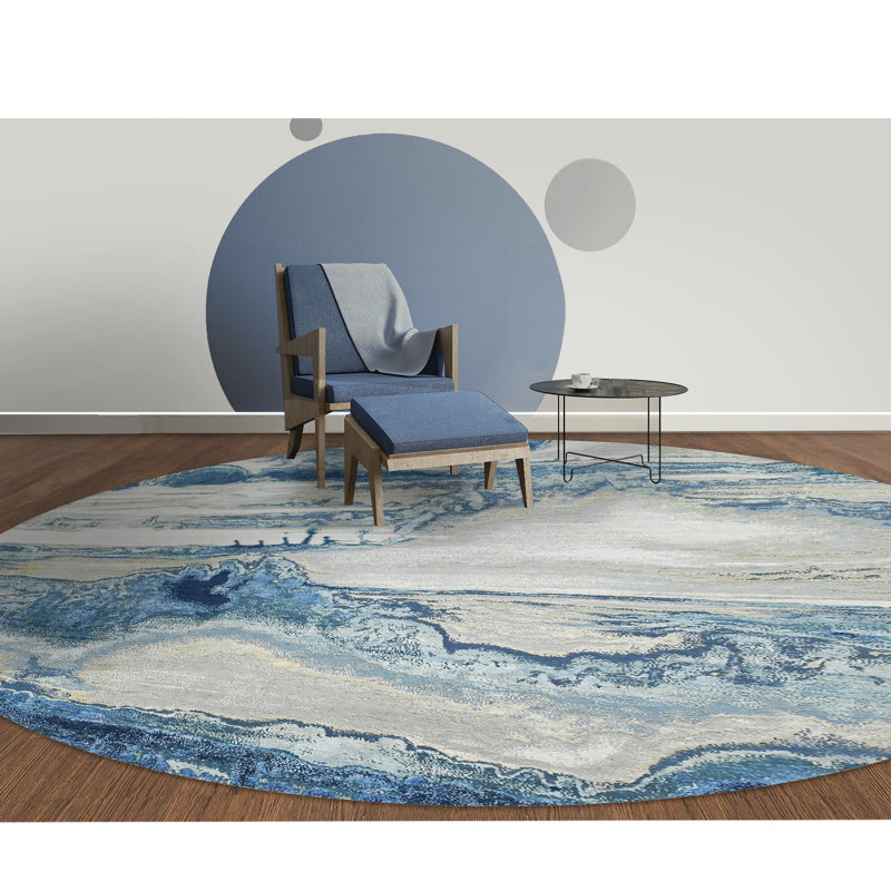 Tapis argent / bleu / ivoire noué à la main de haute qualité, Rond 6 pi