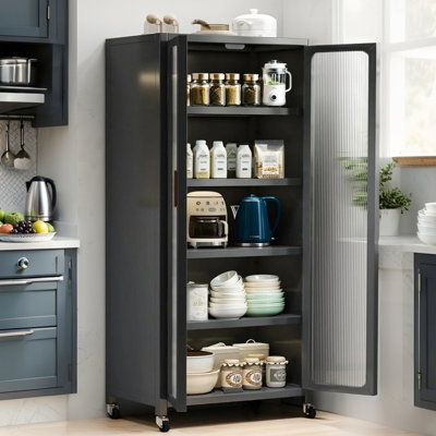 Armoire de cuisine 65 po, 6 niveaux en métal, portes magnétiques transparentes, tablettes réglables, roues, gris, pour les espaces de vie et d'étude des espaces